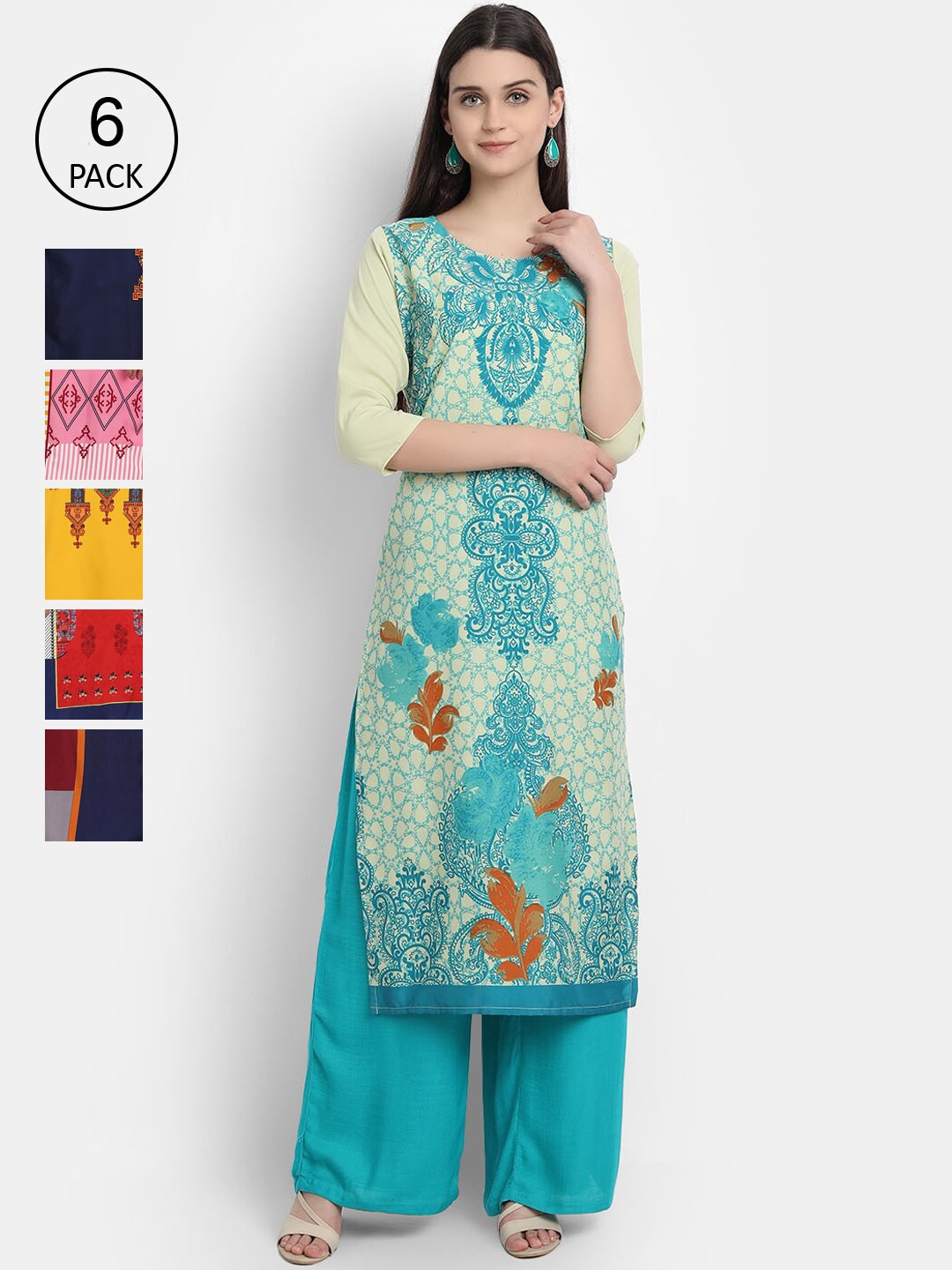 

7Threads Women Pack of 6 Floral Printed Crepe Kurta, Multi