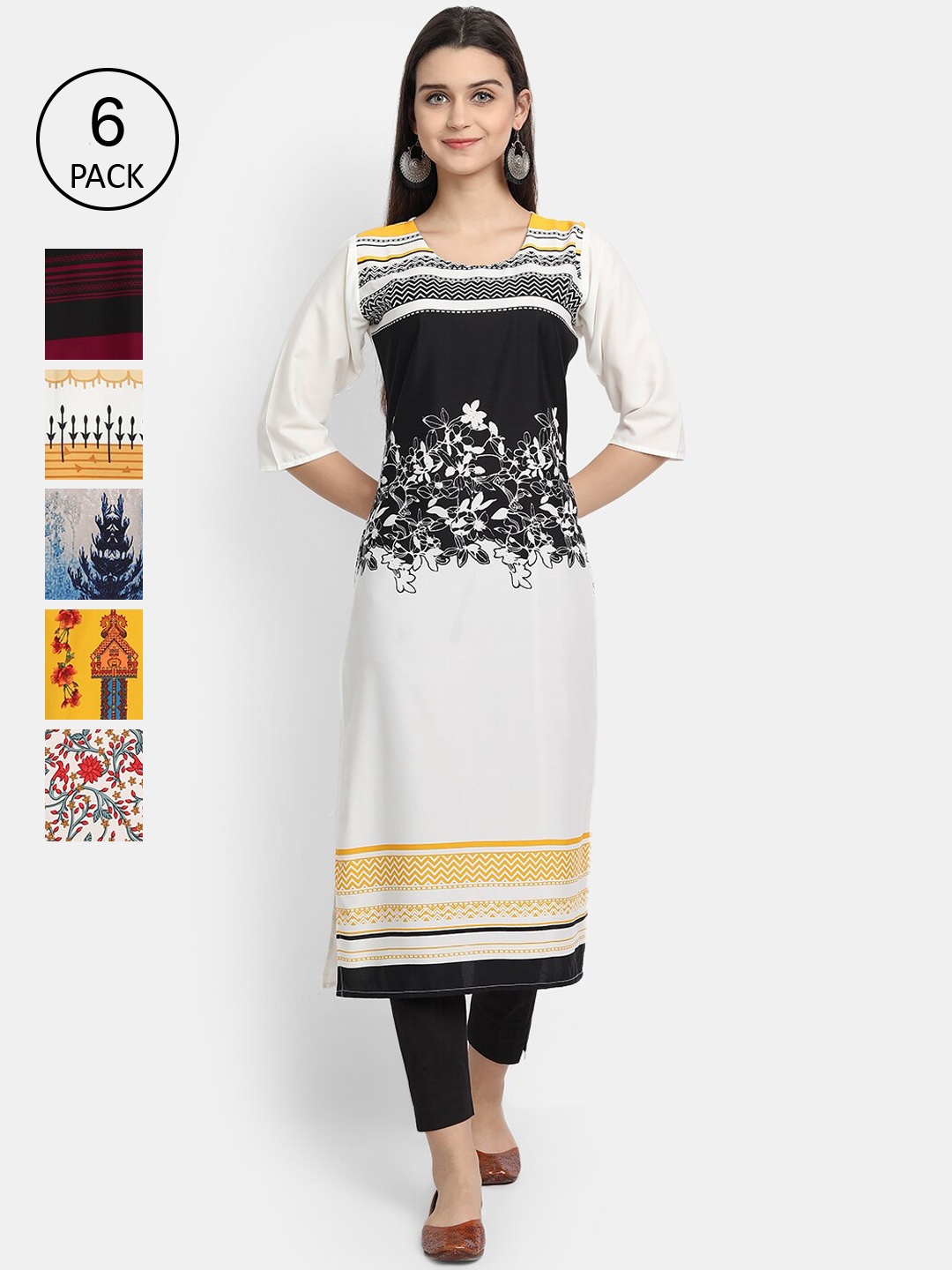 

7Threads Women Pack Of 6 Printed Crepe Kurtas, Yellow