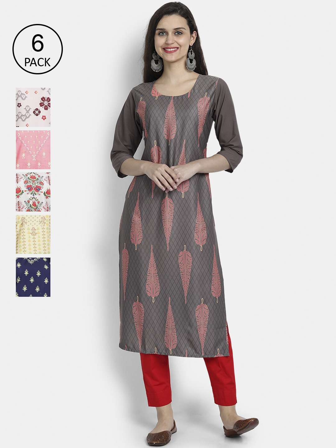 

7Threads Women Pack Of 6 Printed Crepe Kurtas, Blue