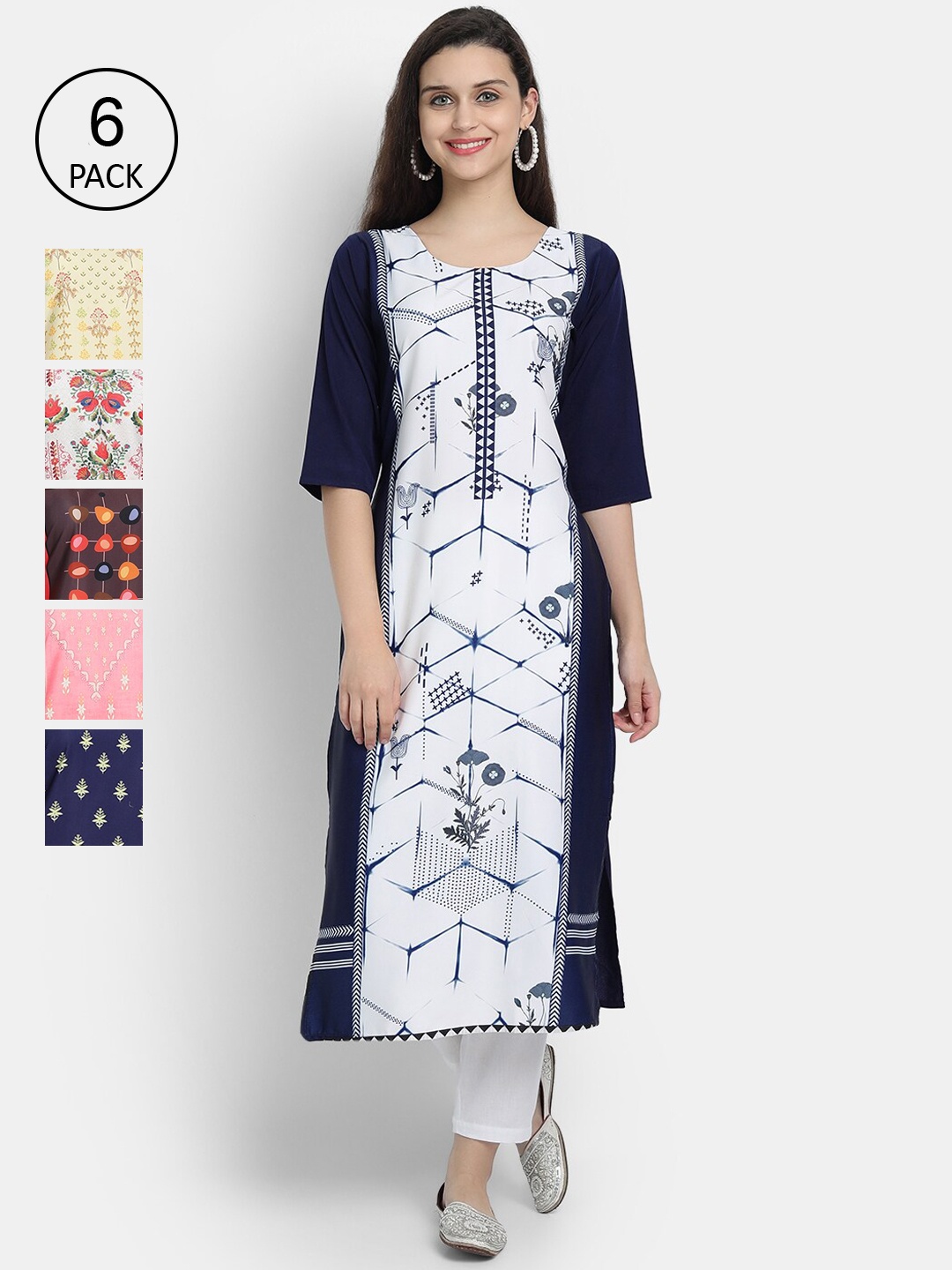 

7Threads Women Multicoloured Pack of 6 Printed Thread Work Crepe Kurta, Multi