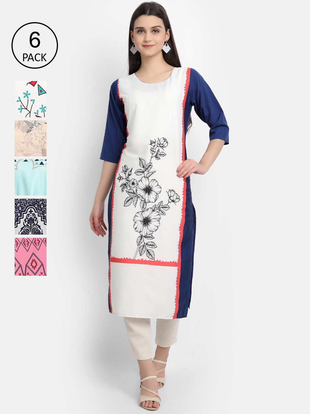 

7Threads Women Pack Of 6 Printed Kurtas, White