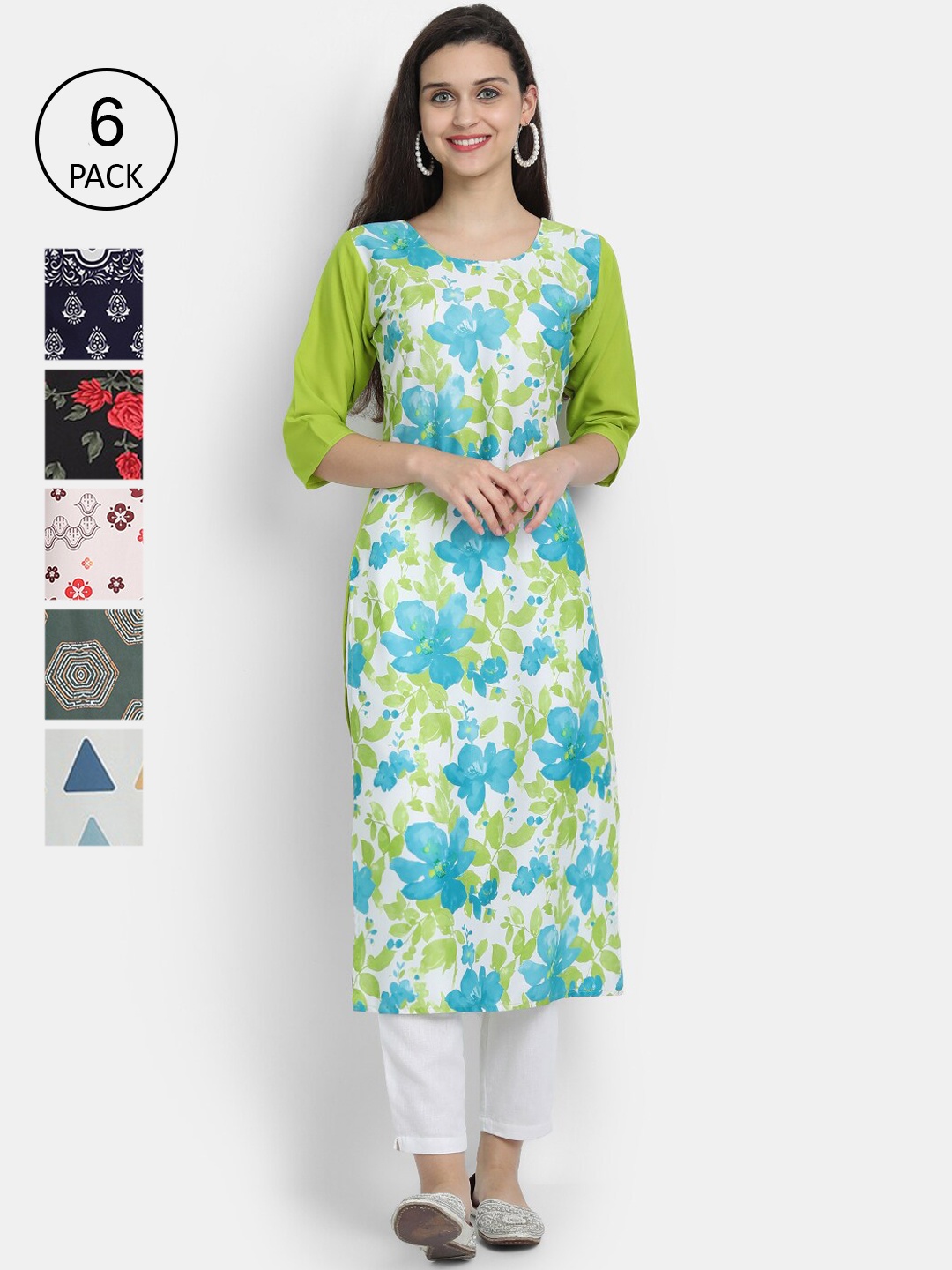 

7Threads Woman Pack of 6 Multicoloured Printed Crepe Kurta, Multi
