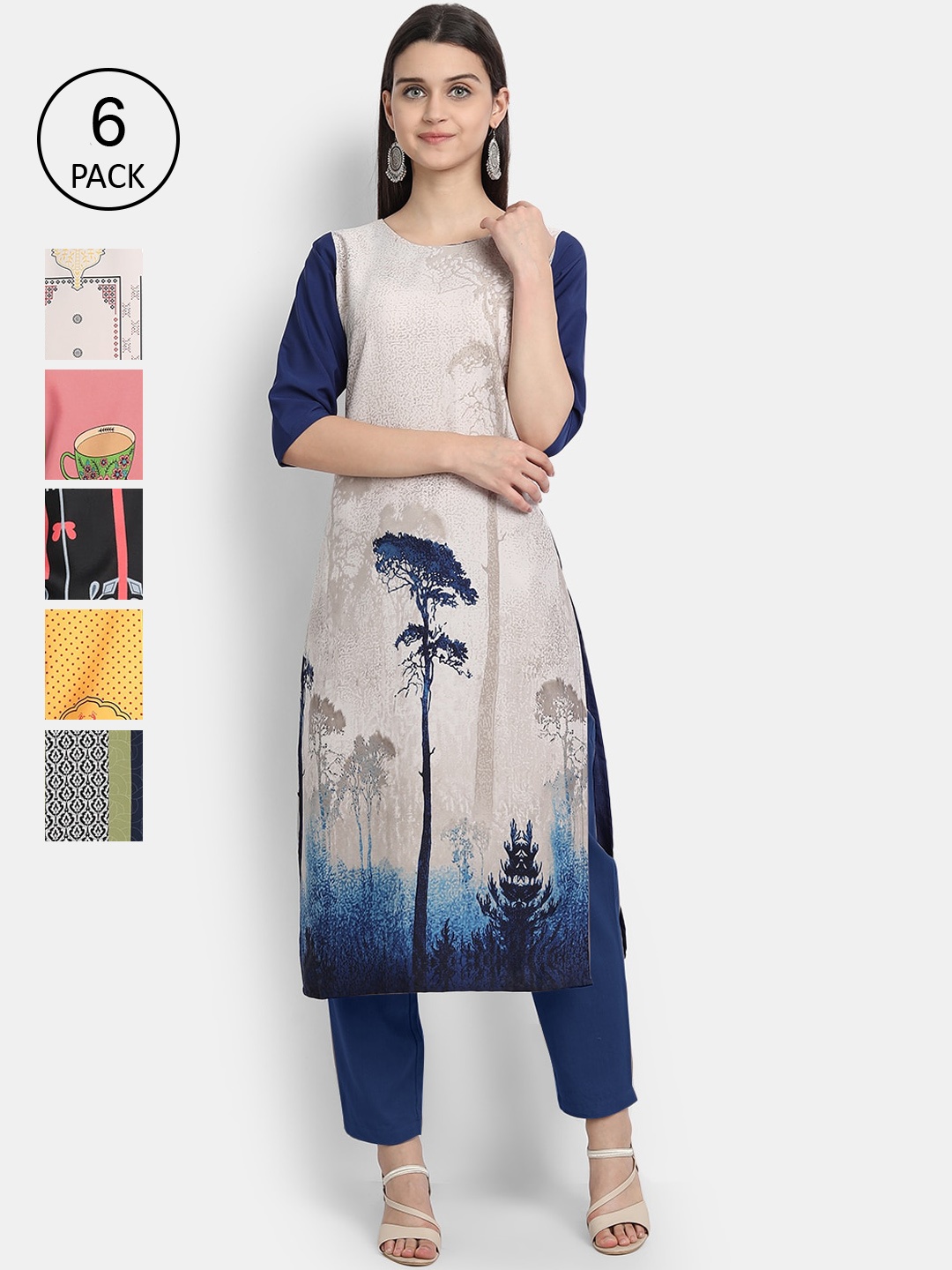 

7Threads Woman Pack of 6 Multicoloured Printed Crepe Kurta, Multi