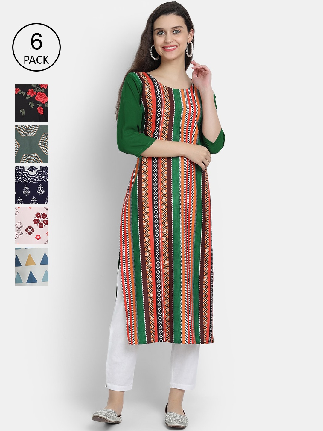 

7Threads Women Multicoloured Striped Flared Sleeves Crepe Kurta, Multi