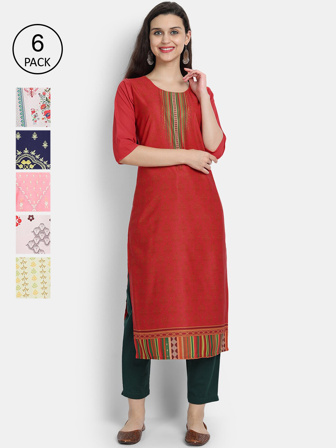 

7Threads Women Pack of 6 Printed Crepe Kurtas, Red