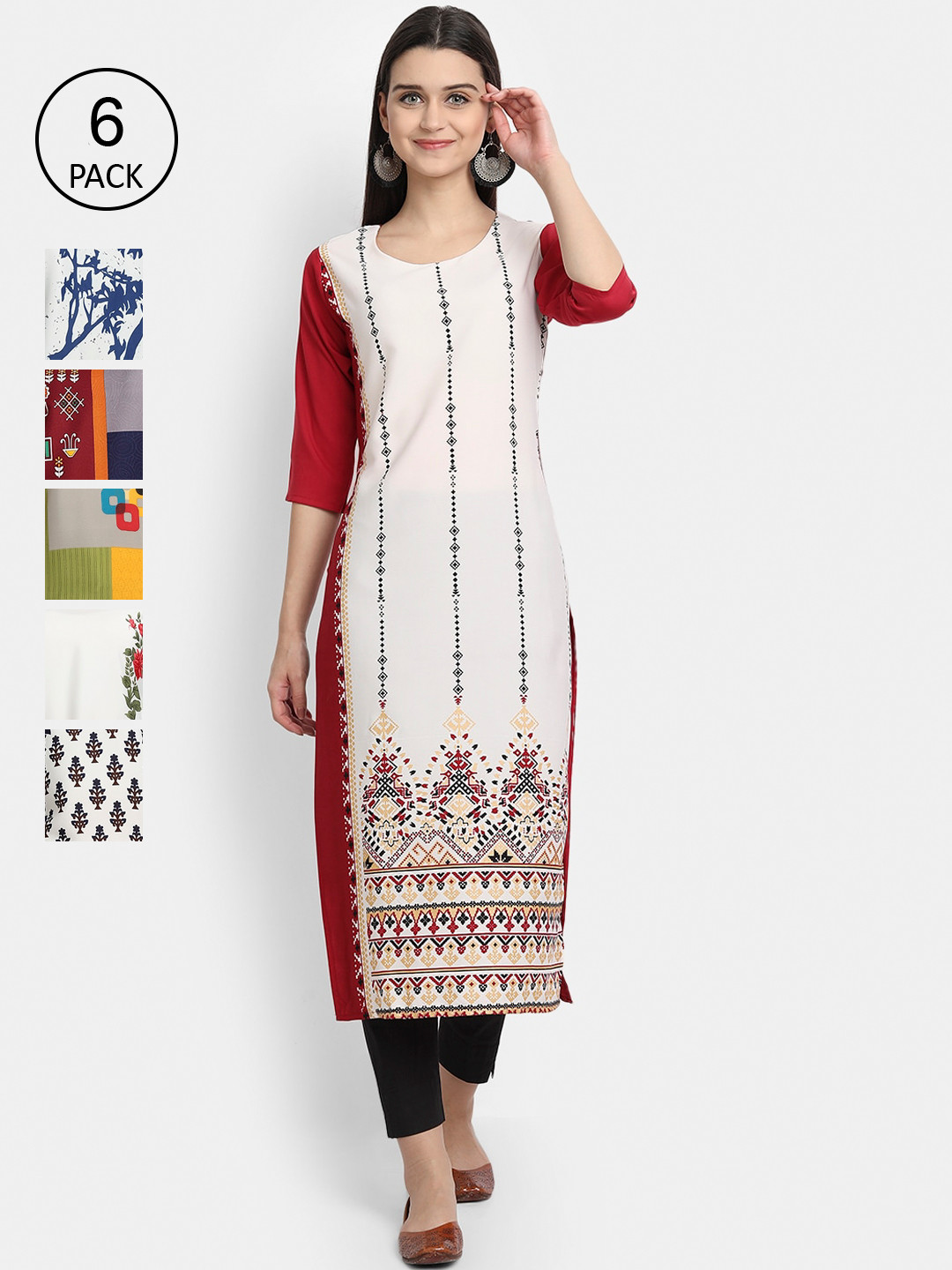 

7Threads Women Pack Of 6 Printed Crepe Kurtas, Blue
