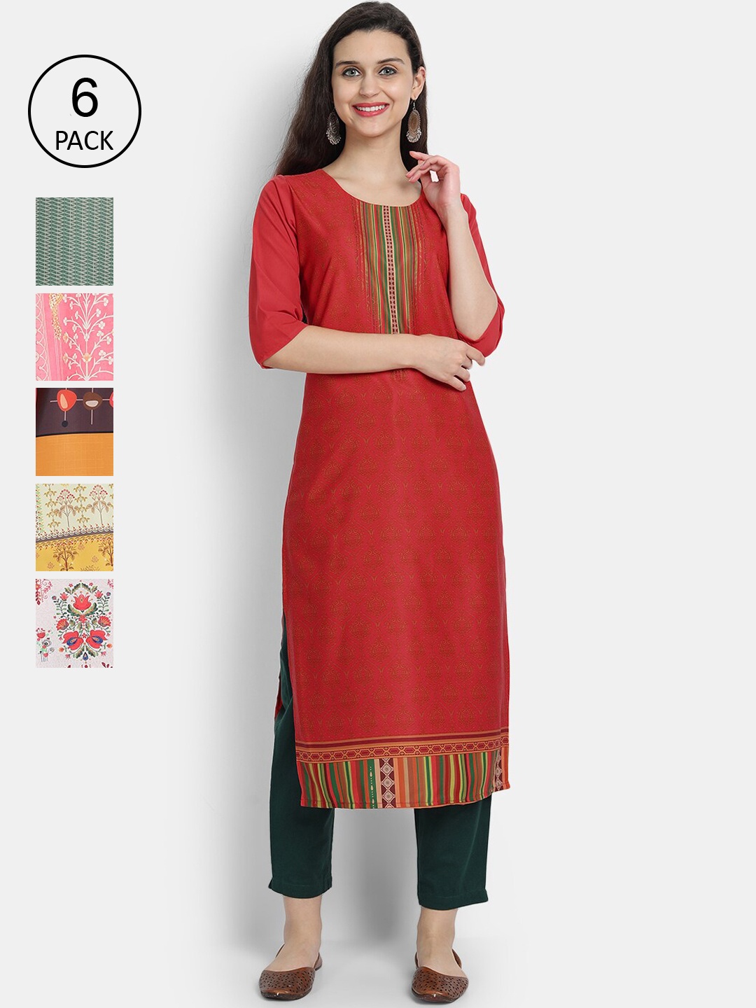 

7Threads Women Pack of 6 Ethnic Motifs Printed Crepe Kurta, Multi