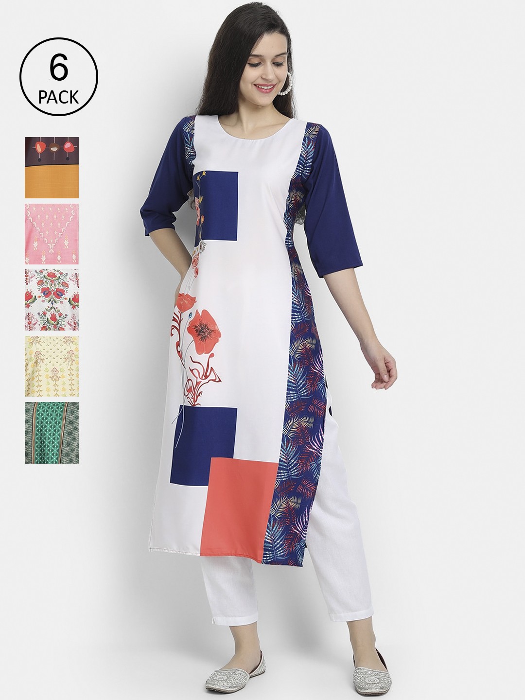 

7Threads Women Multicoloured Pack of 6 Crepe Kurtas, Multi