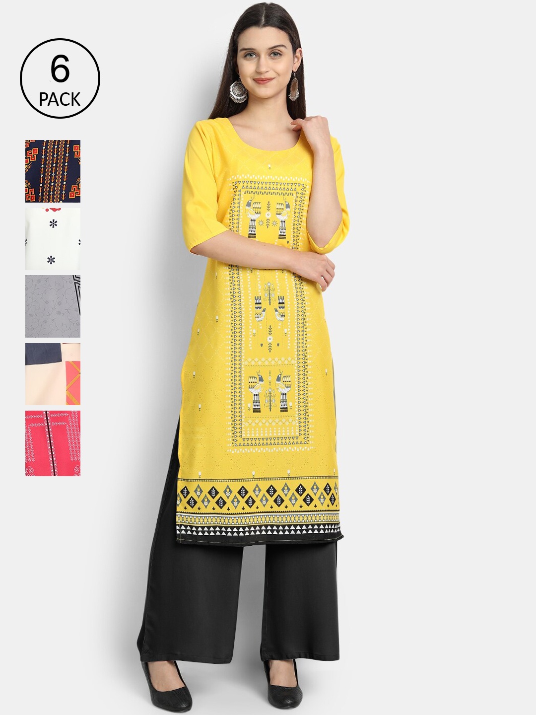 

7Threads Women Multicoloured Pack of 6 Ethnic Motifs Crepe Kurta, Multi
