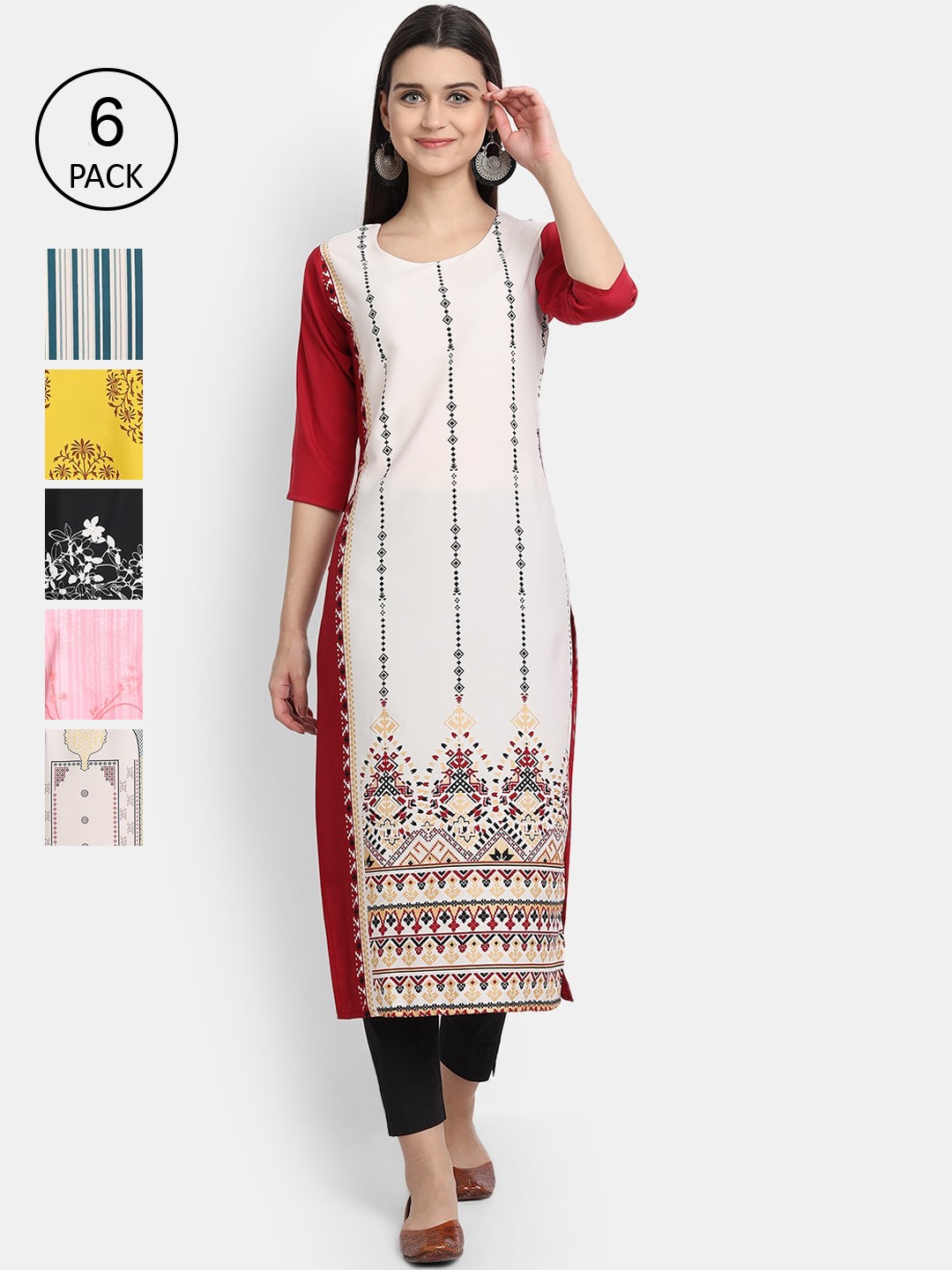 

7Threads Women Pack of 6 Ethnic Motifs Printed Crepe Kurta, Multi