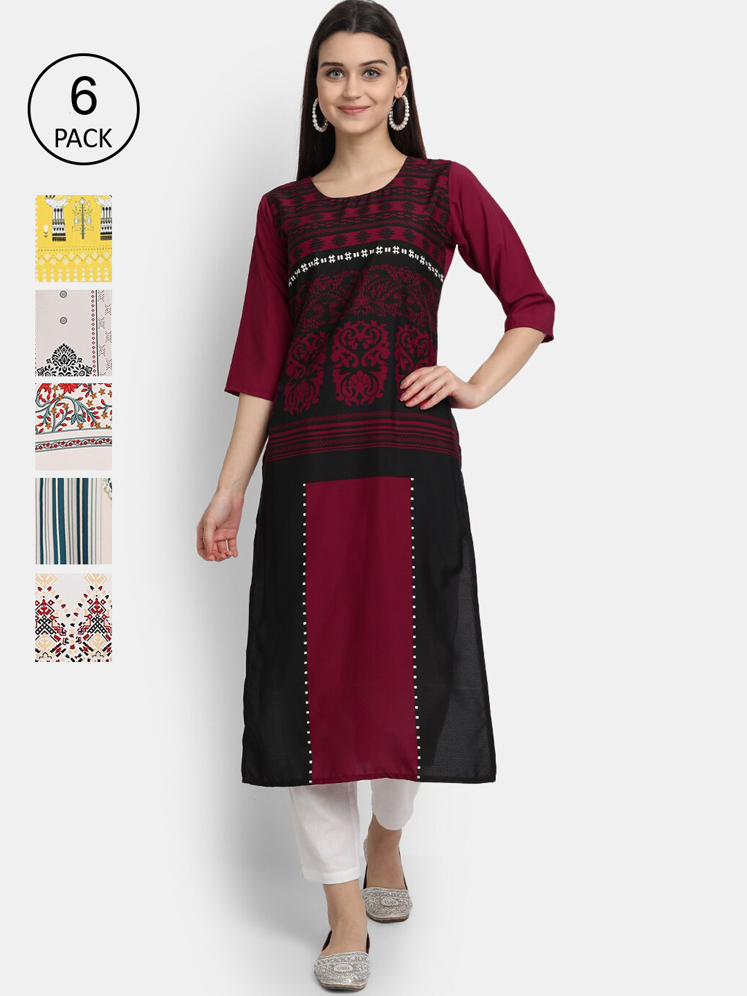

7Threads Women Pack Of 6 Printed Crepe Kurtas, Maroon