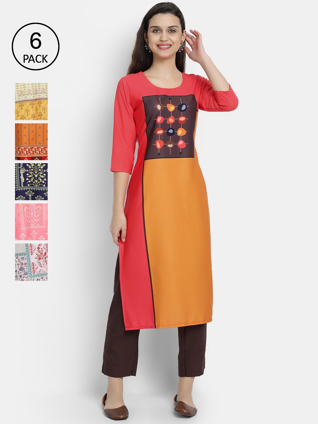 

7Threads Women Pack of 6 Ethnic Motifs Printed Crepe Kurta, Multi