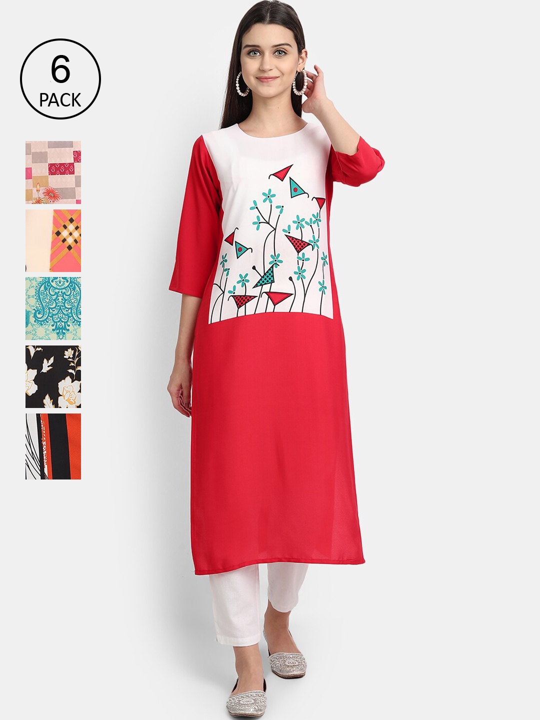 

7Threads Women Pack Of 6 Floral Printed Crepe Kurta, Multi