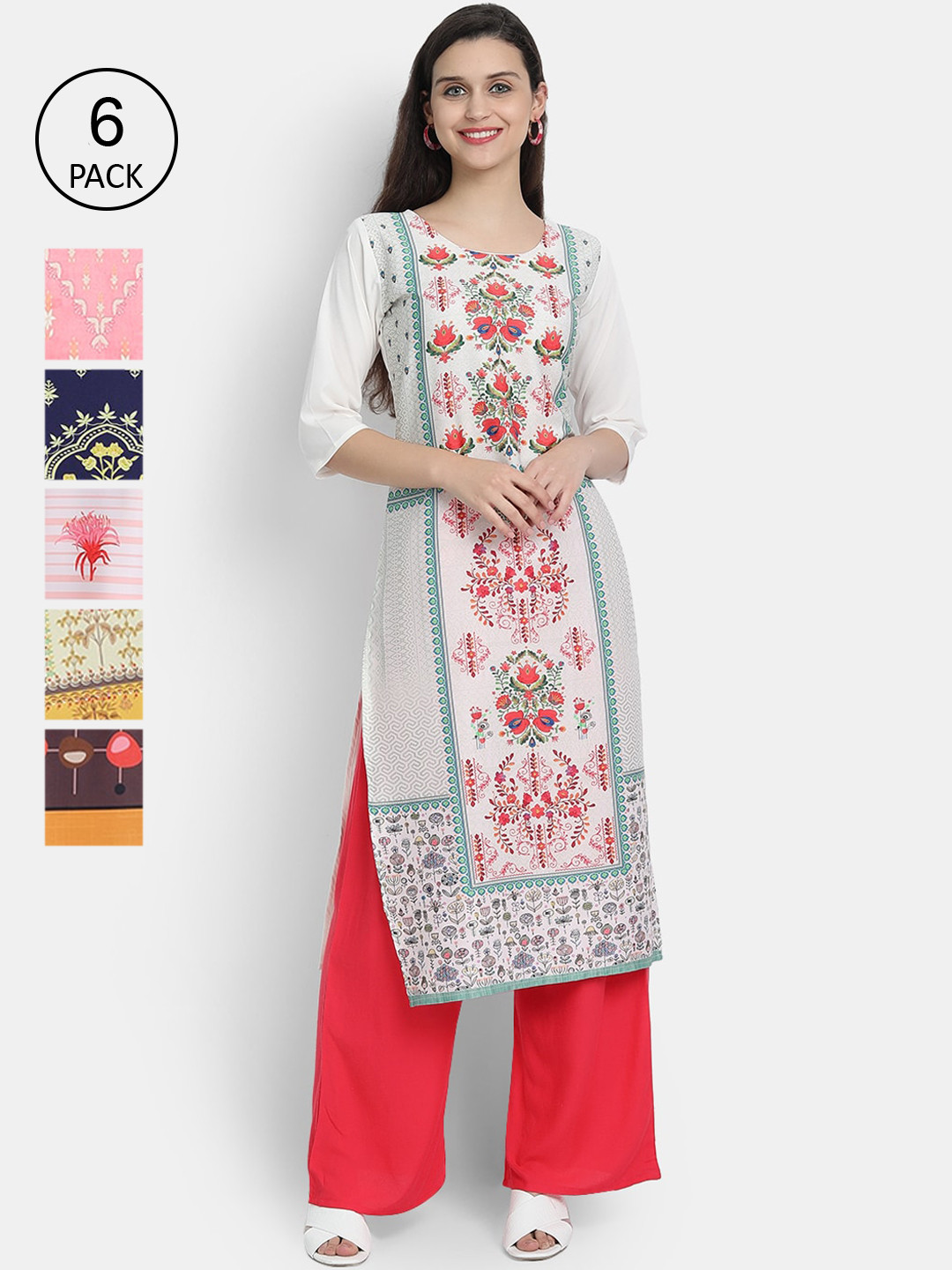

7Threads Women Pack of 6 Ethnic Motifs Printed Crepe Kurta, Multi
