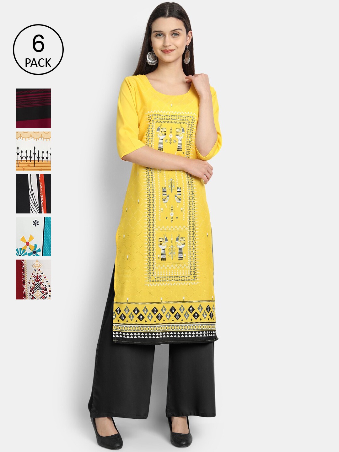 

7Threads Women Pack Of 6 Ethnic Motifs Printed Crepe Kurta, Multi