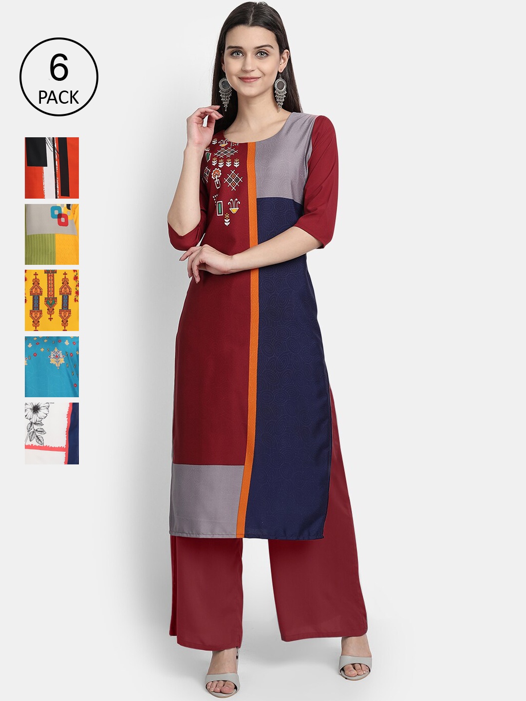 

7Threads Women Pack Of 3 Printed Crepe Kurtas, Maroon