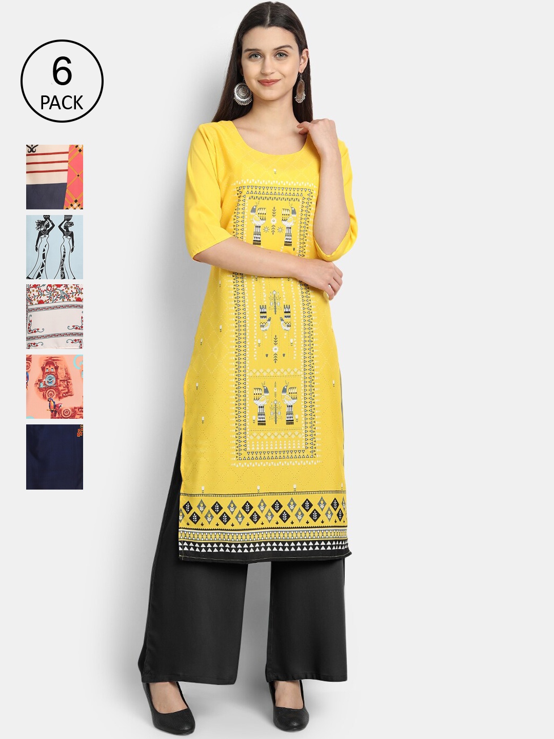 

7Threads Women Pack of 6 Ethnic Motifs Crepe Kurtas, Multi
