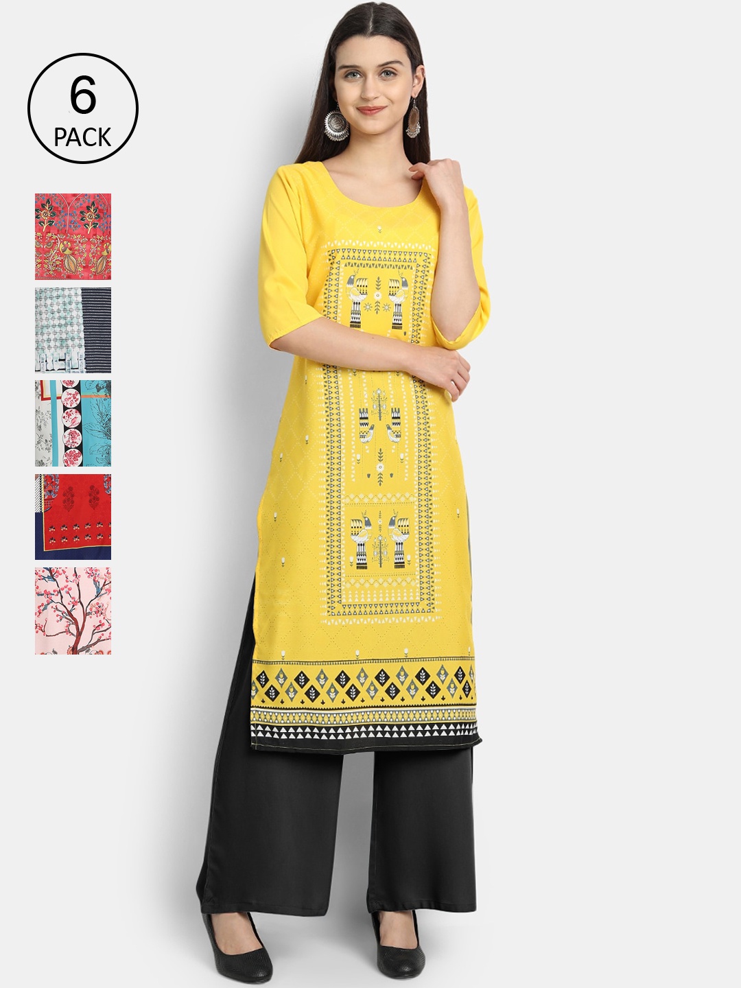 

7Threads Women Pack Of 6 Printed Crepe Kurtas, Yellow