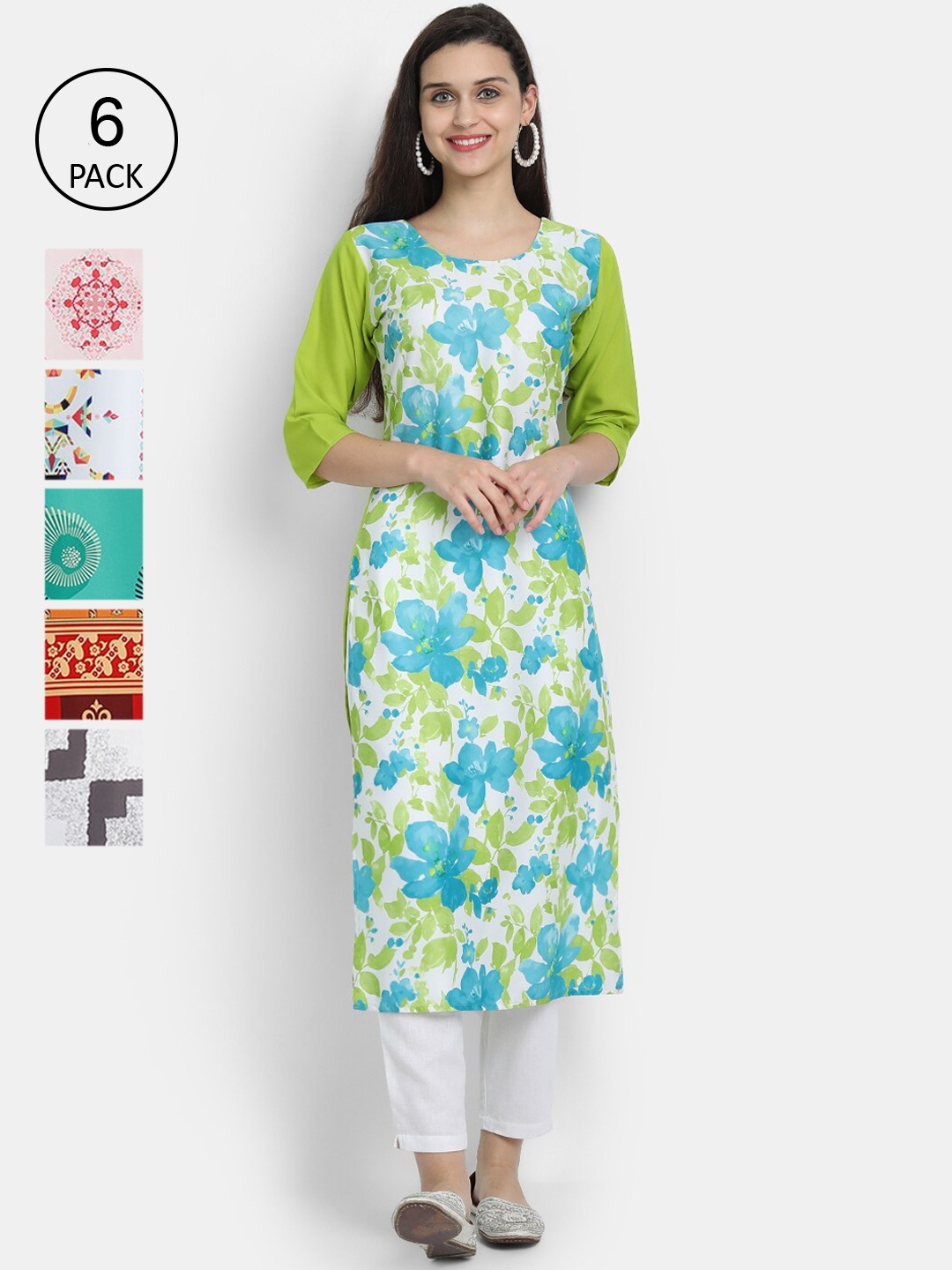 

7Threads Women Pack of 6 Ethnic Motifs Printed Crepe Kurta, Multi