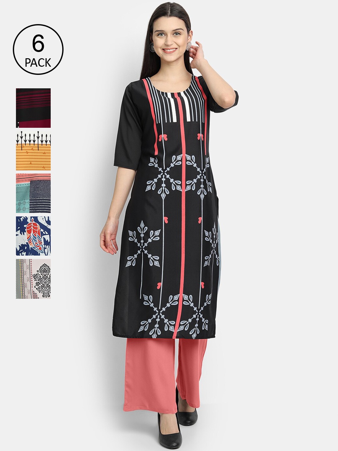 

7Threads Women Pack Of 6 Multicoloured Floral Printed Crepe Kurtas, Multi
