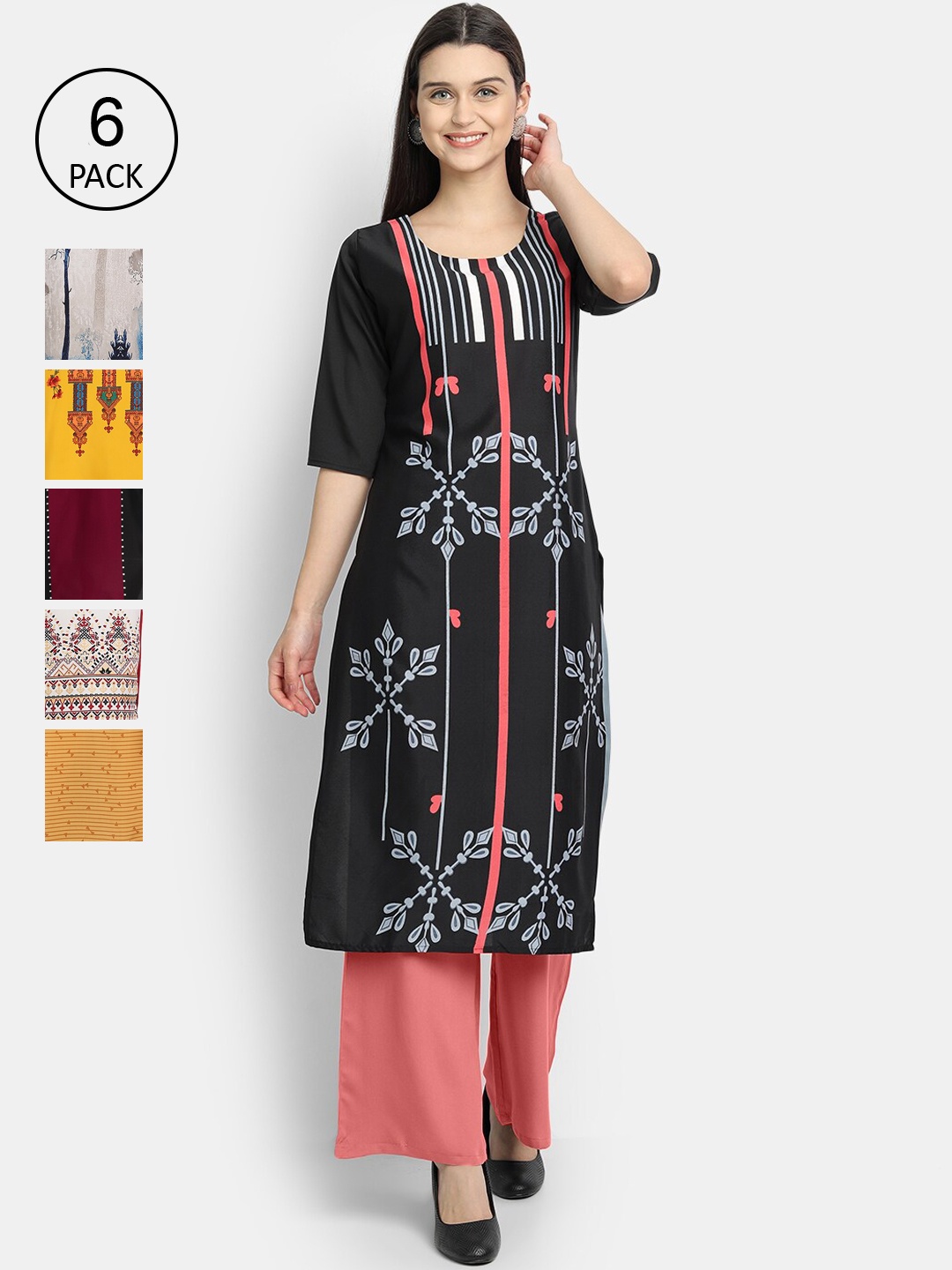 

7Threads Women Pack Of 6 Printed Crepe Kurta, Multi