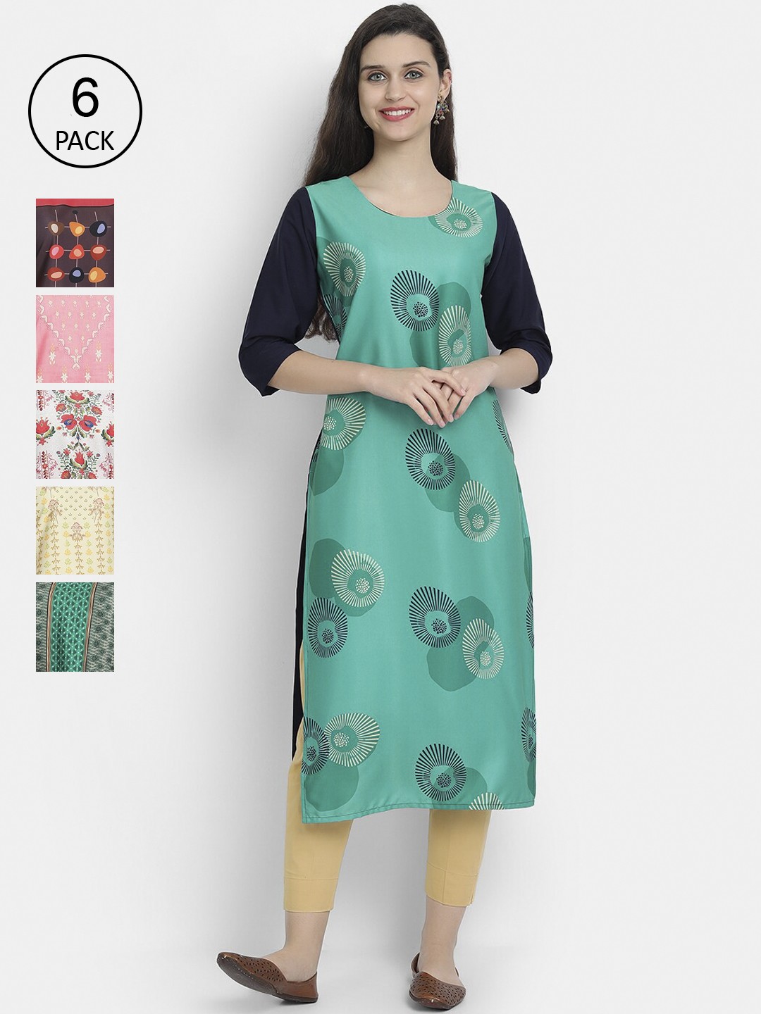 

7Threads Women Pack Of 6 Printed Crepe Kurtas, Green