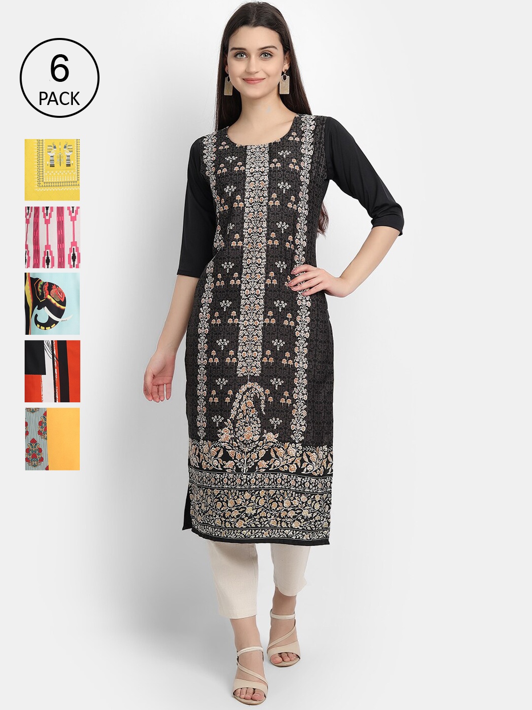 

7Threads Women Pack Of 6 Ethnic Motifs Printed Crepe Kurta, Multi