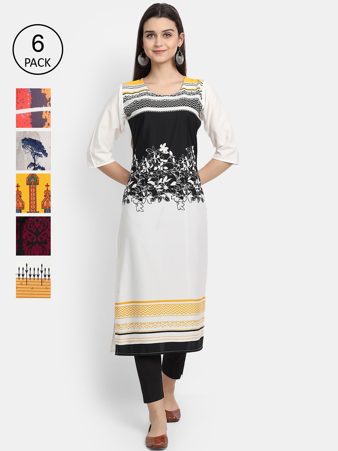 

7Threads Women Pack Of 6 Multicoloured Floral Crepe Kurtas, Multi