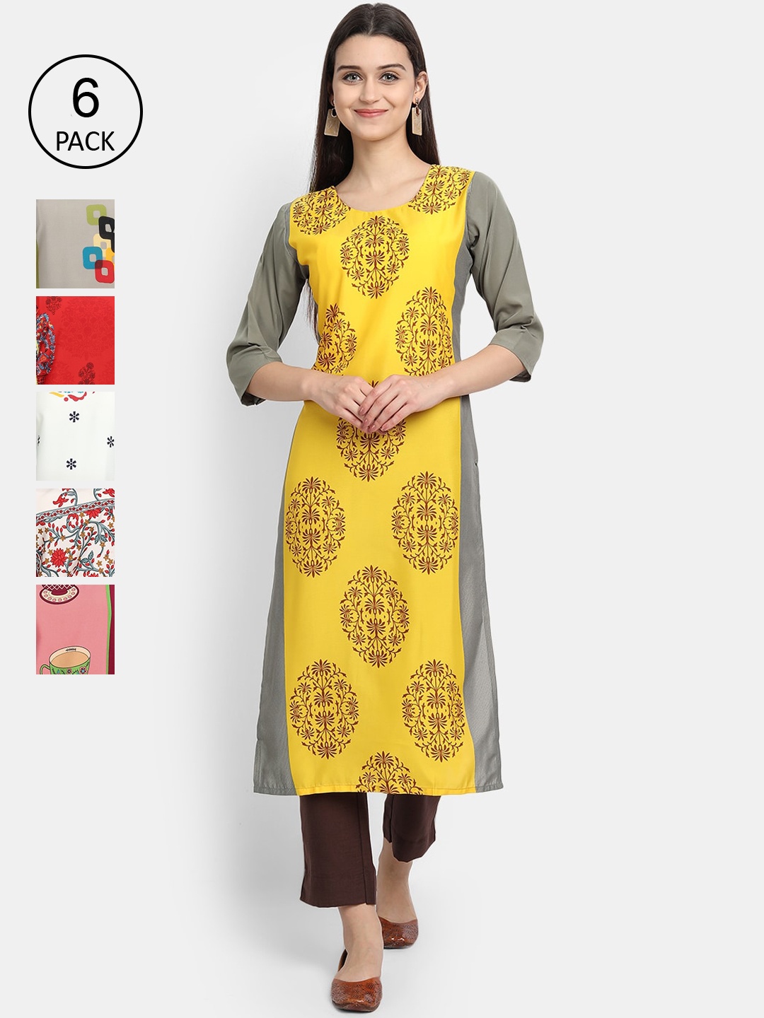 

7Threads Women Pack Of 6 Printed Crepe Kurtas, Yellow