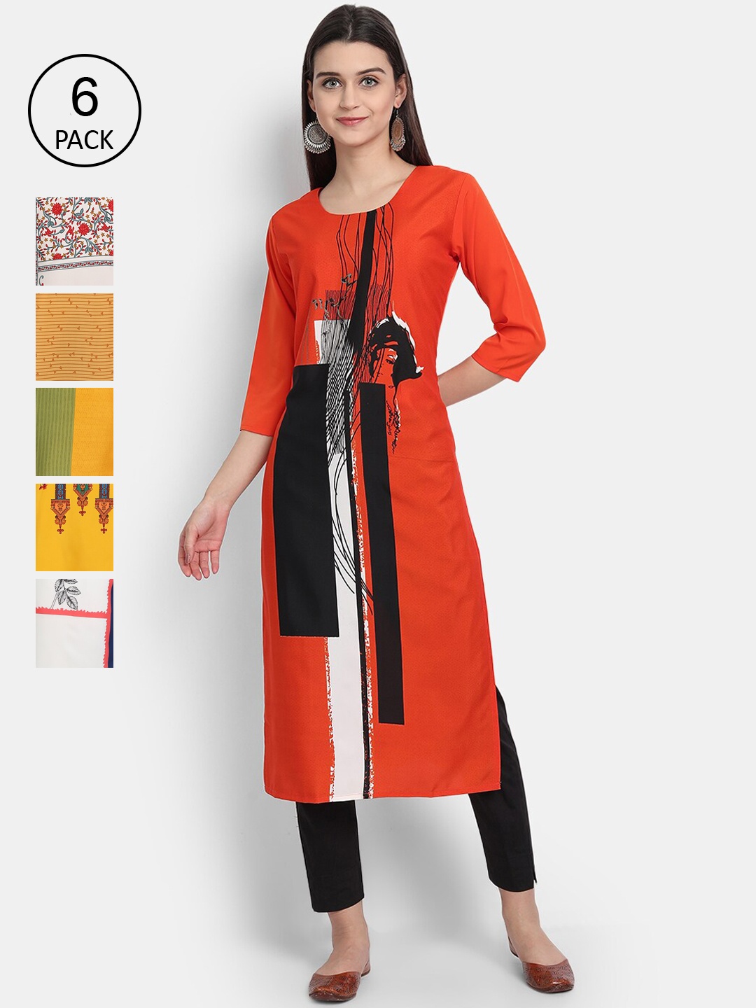 

7Threads Women Pack Of 6 Printed Crepe Kurtas, Red