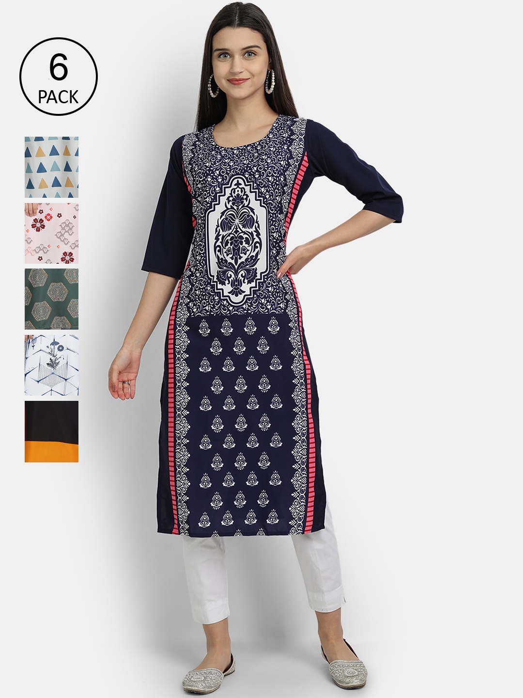 

7Threads Women Pack of 6 Ethnic Motifs Printed Crepe Kurta, Multi