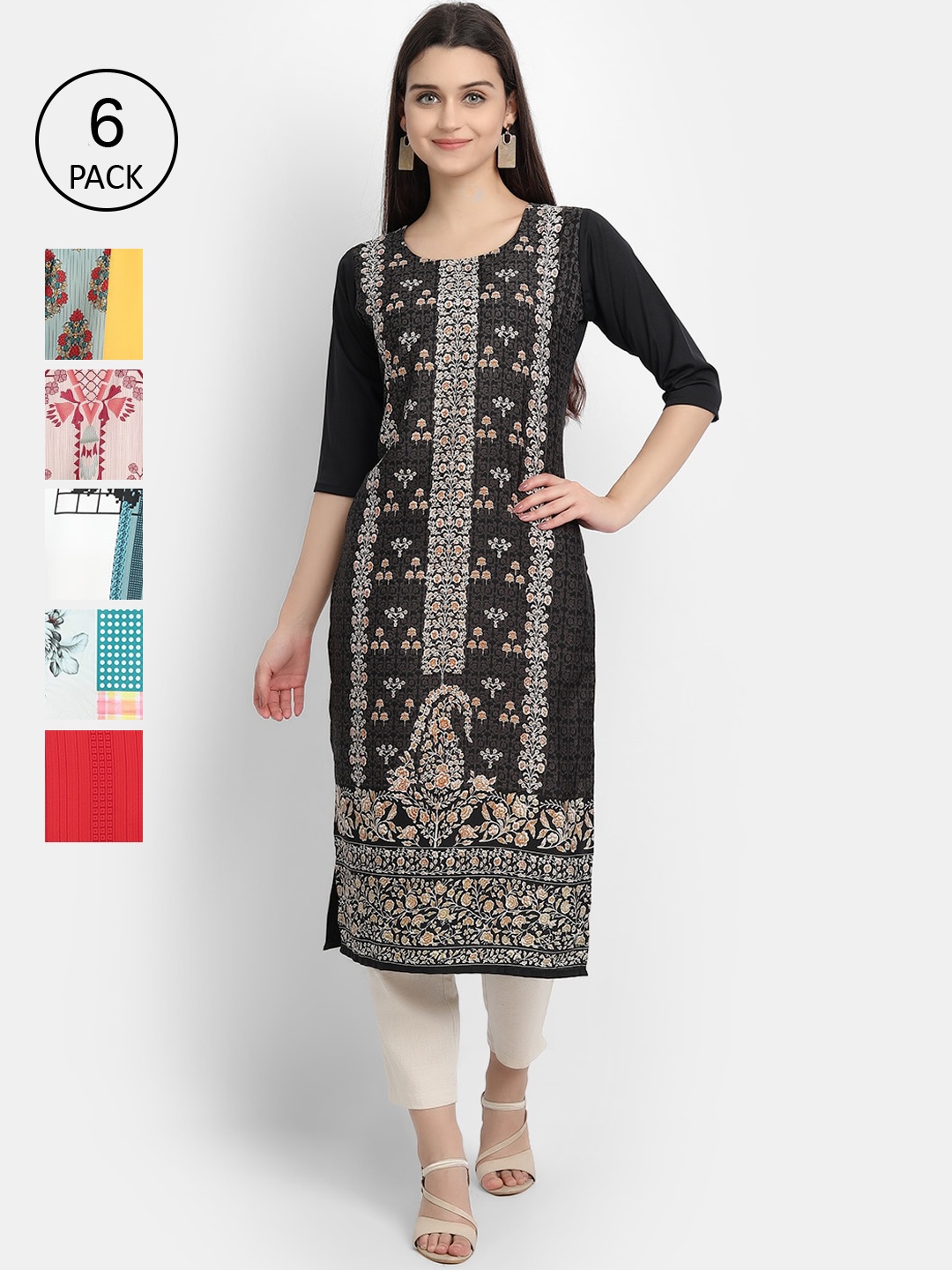 

7Threads Women Pack of 6 Ethnic Motifs Printed Crepe Kurta, Multi