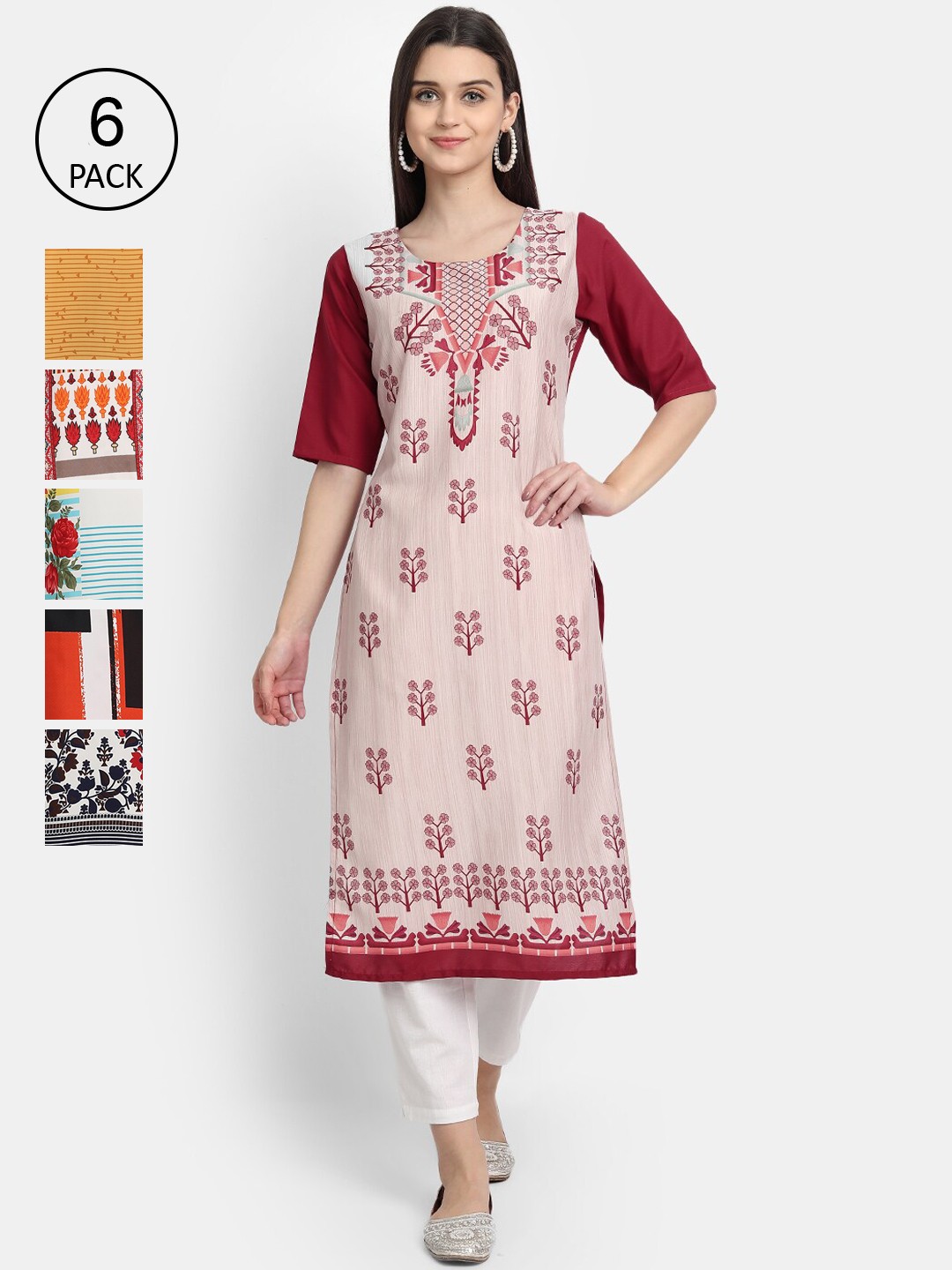 

7Threads Women Pack Of 6 Ethnic Motifs Printed Crepe Kurta, Multi