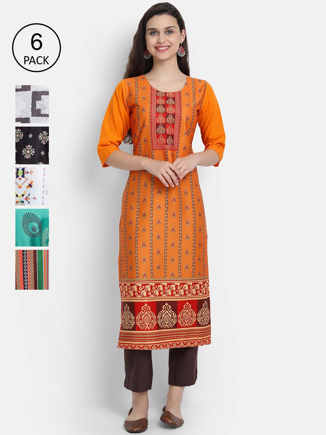 

7Threads Women Pack Of 6 Multicoloured Printed Patchwork Crepe Kurtas, Multi