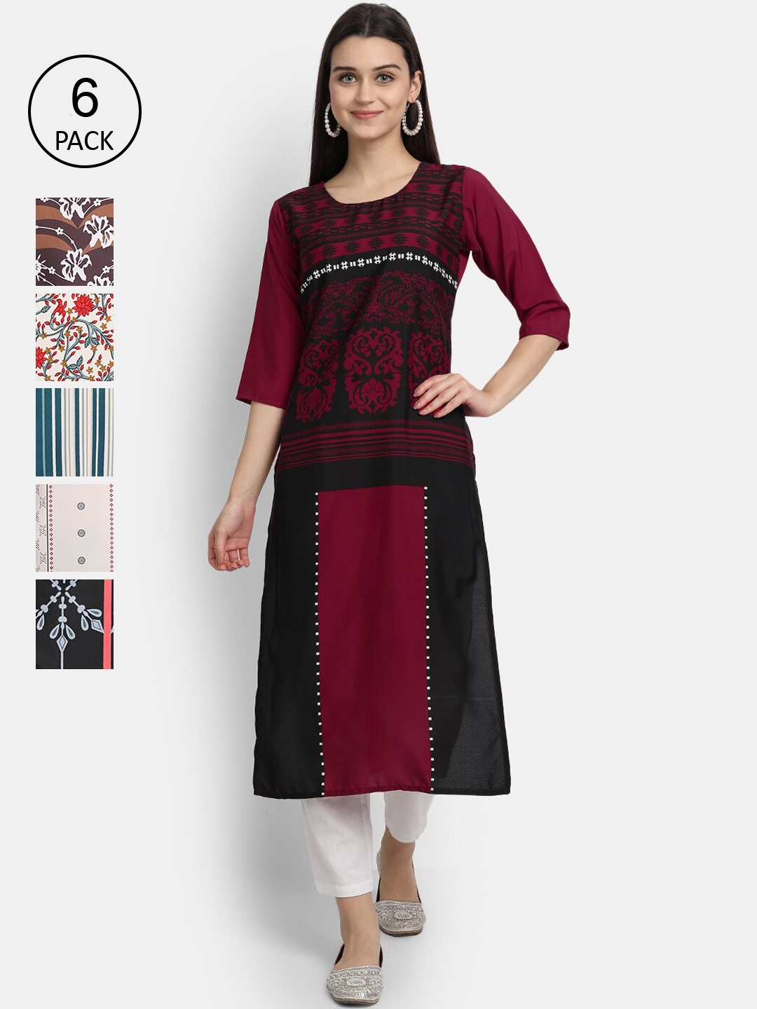 

7Threads Women Pack of 6 Digital Printed Straight Crepe Kurtas, Multi