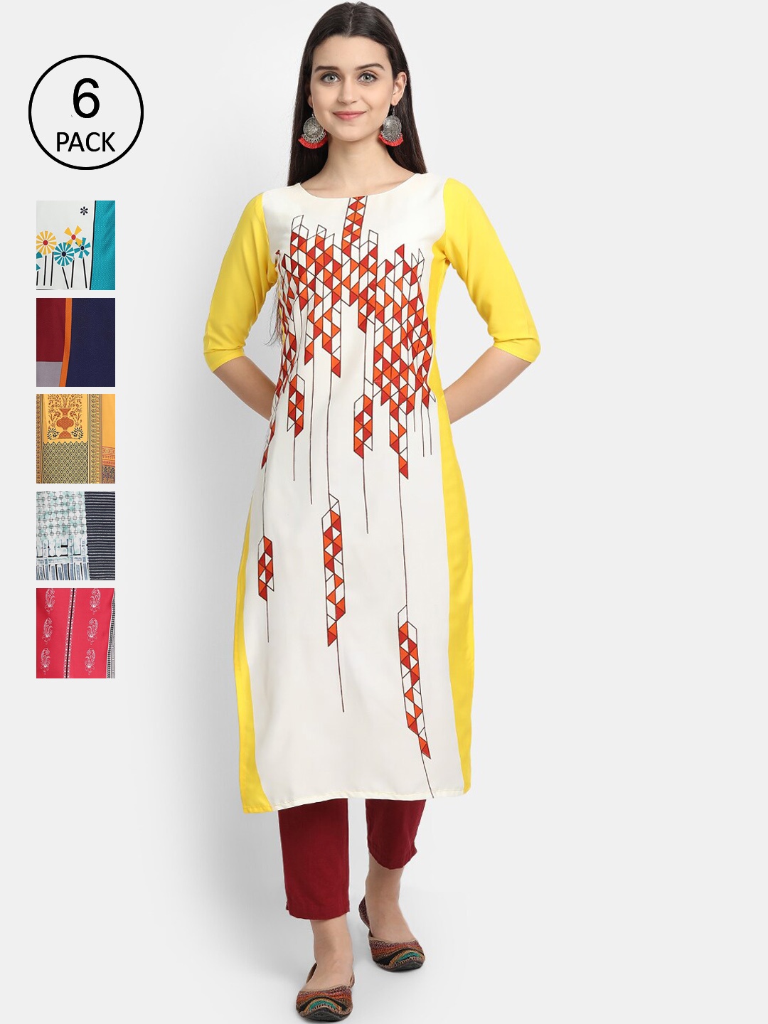 

7Threads Women Pack Of 6 Printed Crepe Kurtas, Yellow