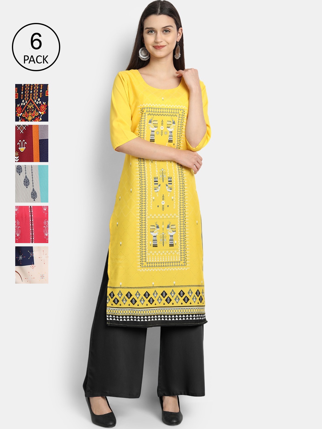 

7Threads Women Pack Of 6 Ethnic Motifs Printed Crepe Kurta, Multi