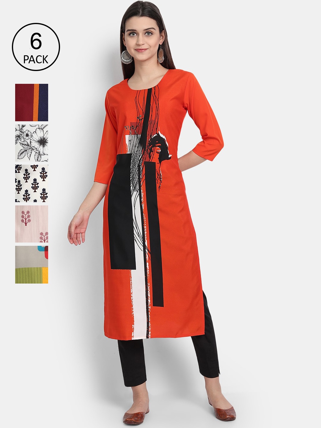 

7Threads Women Pack of 6 Geometric Printed Crepe Kurta, Multi