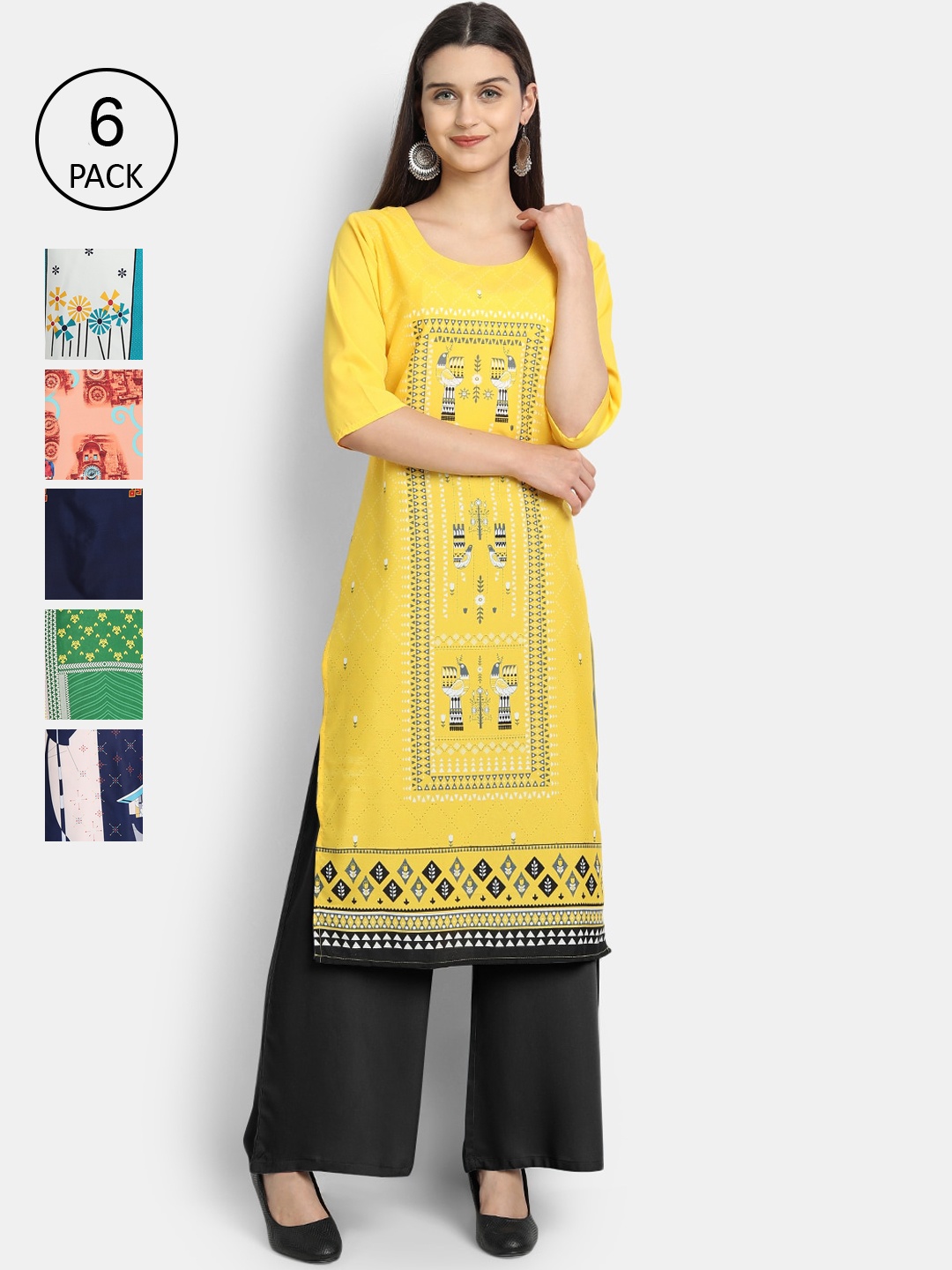 

7Threads Women Pack Of 6 Printed Crepe Kurtas, Green