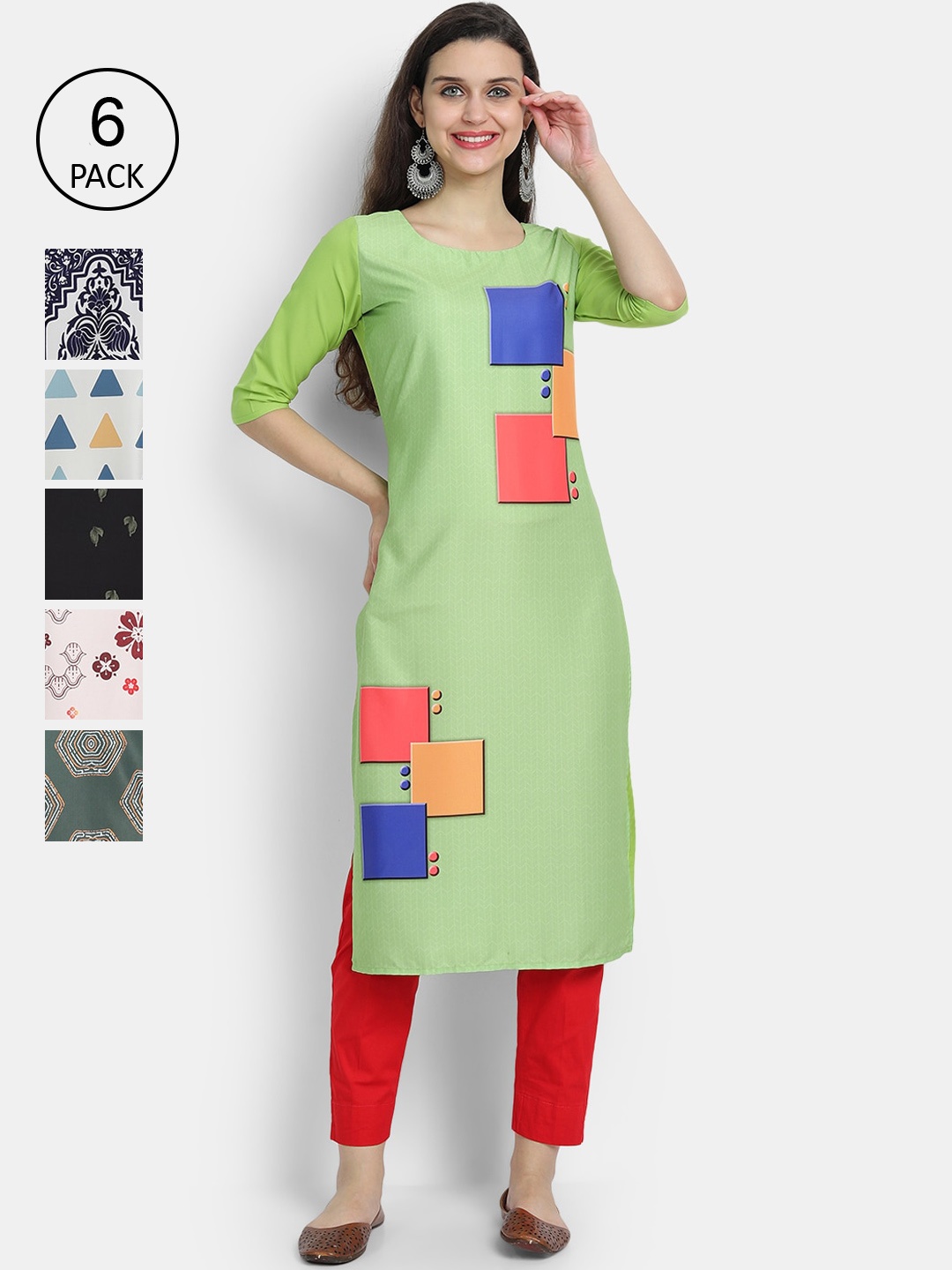 

7Threads Women Multicoloured Pack of 6 Colourblocked Thread Work Crepe Kurta, Multi