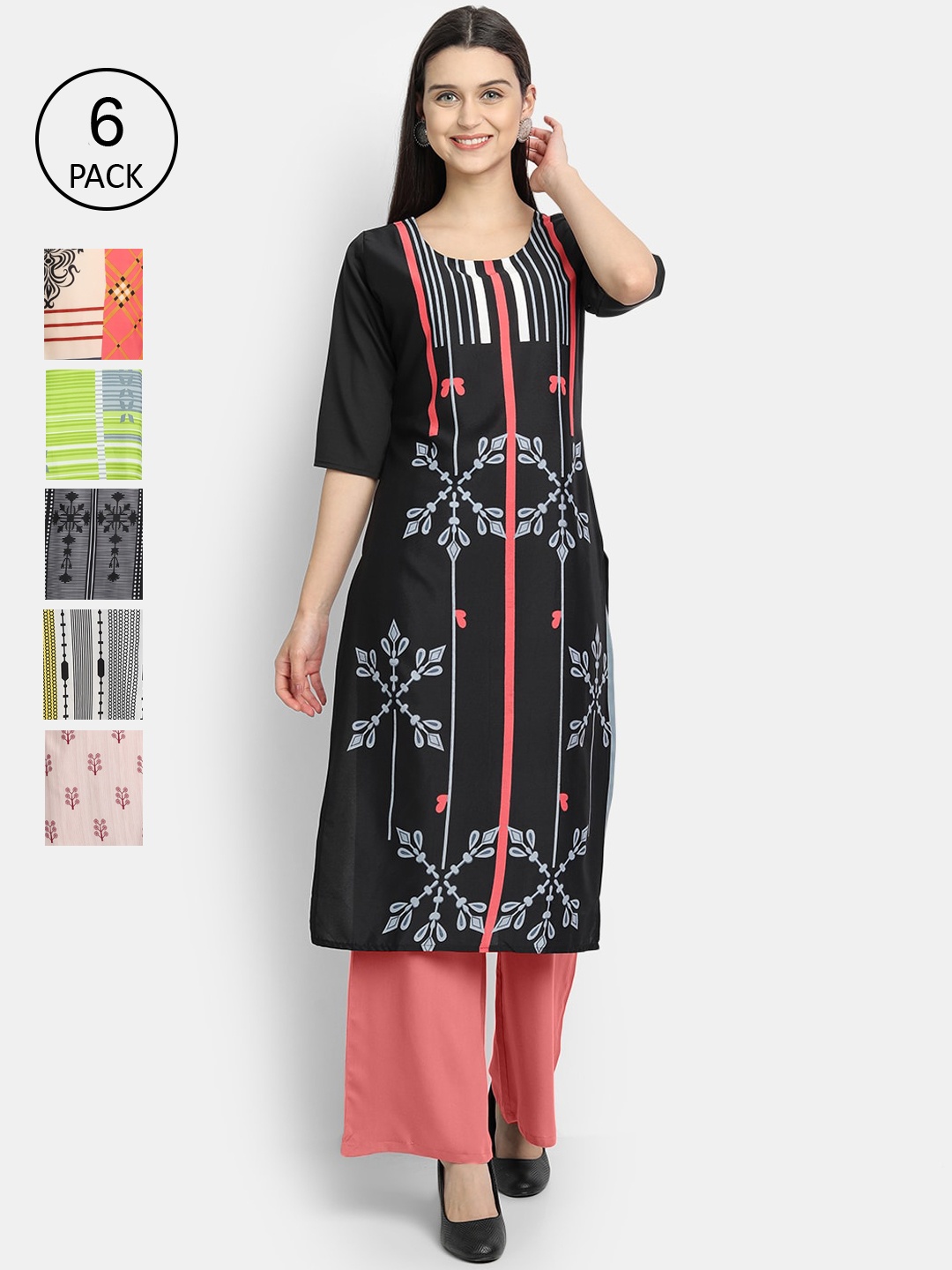 

7Threads Women Pack of 6 Geometric Printed Crepe Kurta, Multi