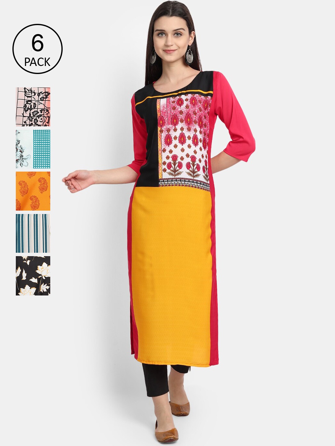 

7Threads Women Pack Of 6 Printed Crepe Kurtas, Black