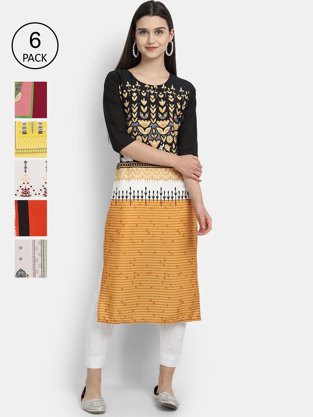 

7Threads Women Pack Of 6 Printed Crepe Kurtas, Yellow