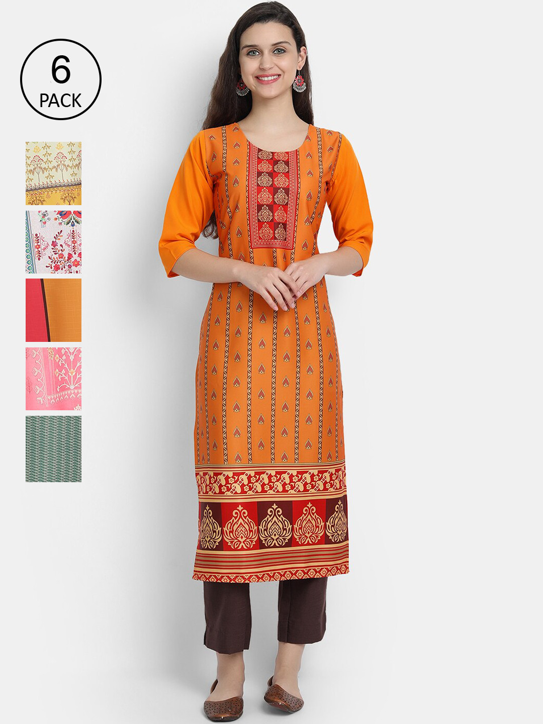 

7Threads Women Pack Of 6 Printed Crepe Kurtas, Mustard