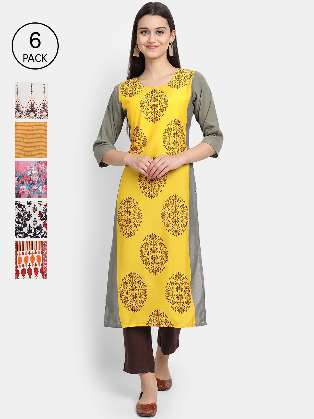 

7Threads Women Pack Of 6 Ethnic Motifs Printed Crepe Kurta, Multi