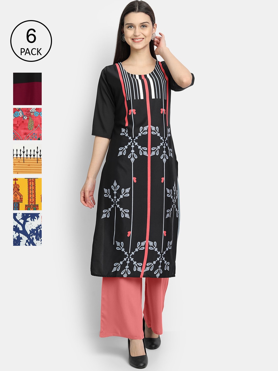 7Threads Women Pack Of 6 Floral Printed Crepe Kurta, Multi