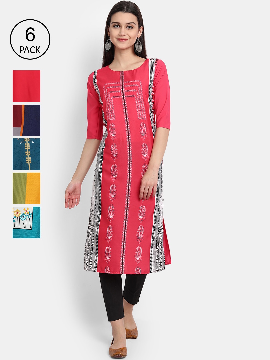 

7Threads Women Pack of 6 Printed Crepe Kurtas, Pink