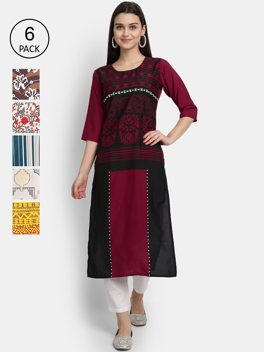 

7Threads Women Pack Of 6 Multicoloured Ethnic Motifs Embroidered Crepe Kurtas, Multi