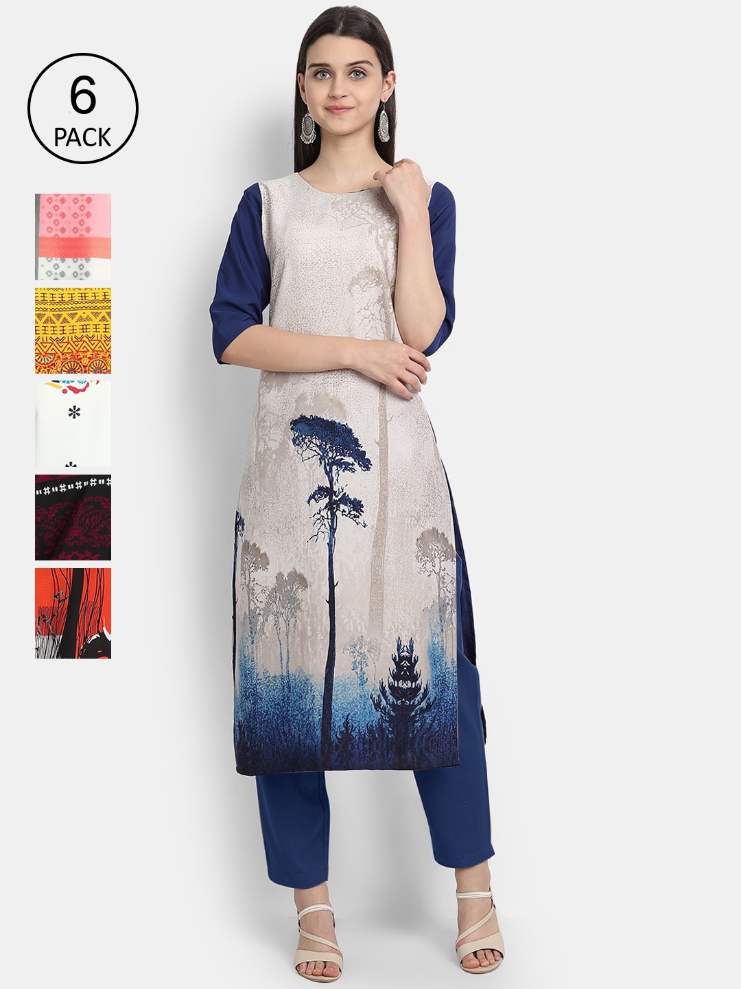 

7Threads Women Pack Of 6 Printed Crepe Kurta, Multi