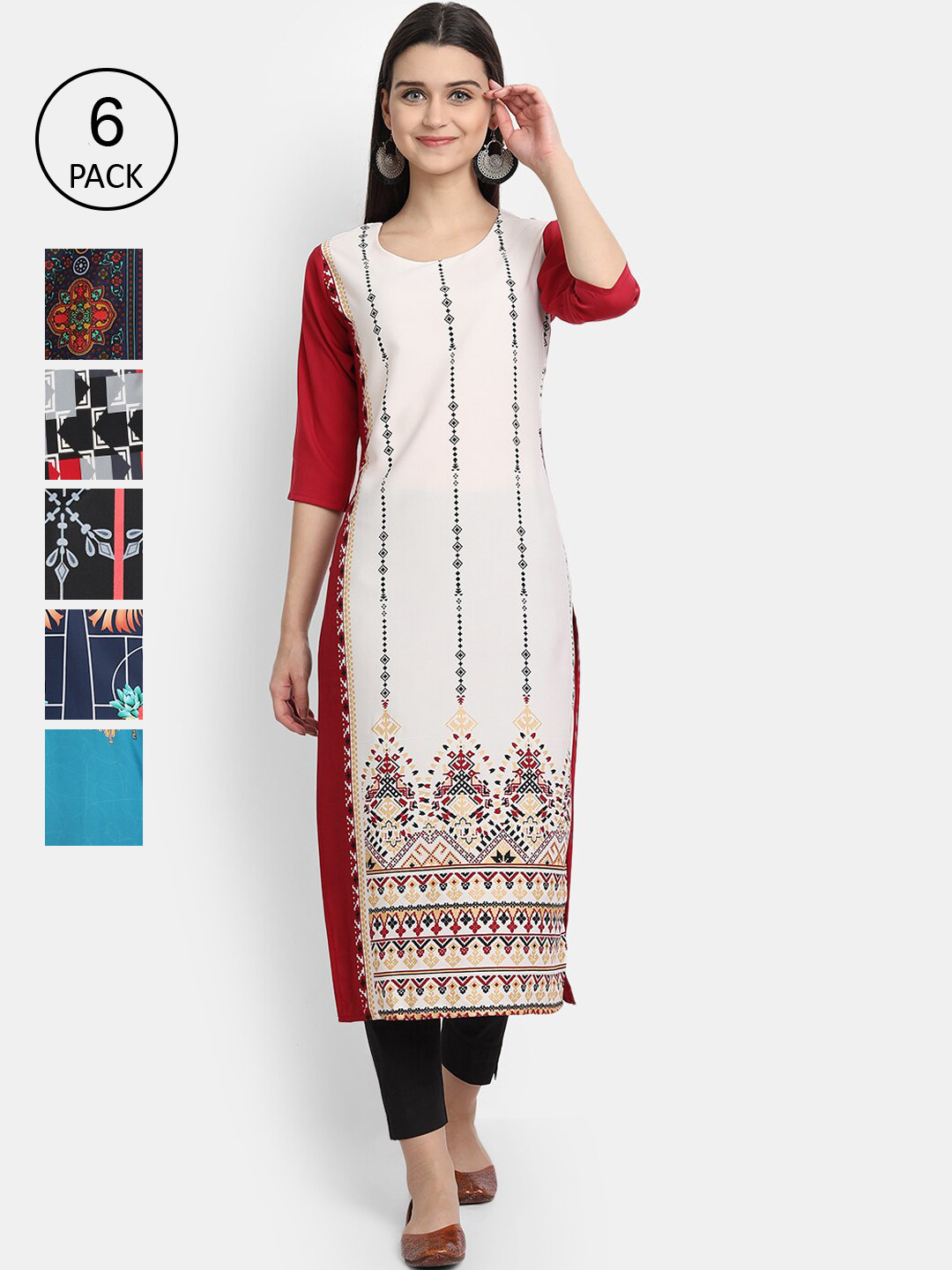 

7Threads Women Pack Of 6 Ethnic Motifs Printed Crepe Kurta, Multi